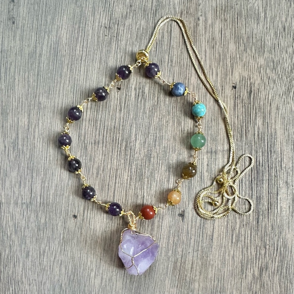 Nupuyai raw amethyst crystal stone w 7 chakra beads adjustable necklace